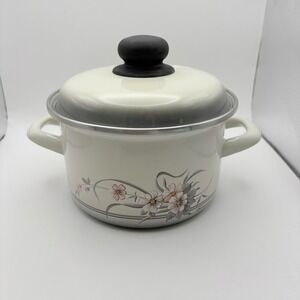 Vintage Bergamo Enamel 7" Pot White Pink Gray Floral Lid Small Chip on Handle